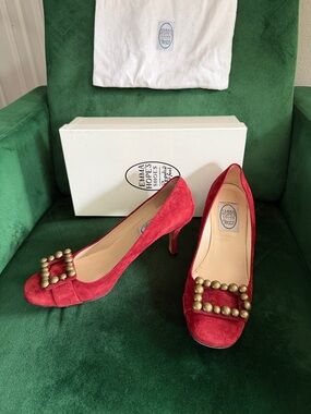 Emma Hope Red Suede Mid-Heel Pumps with Brass Bead Buckle